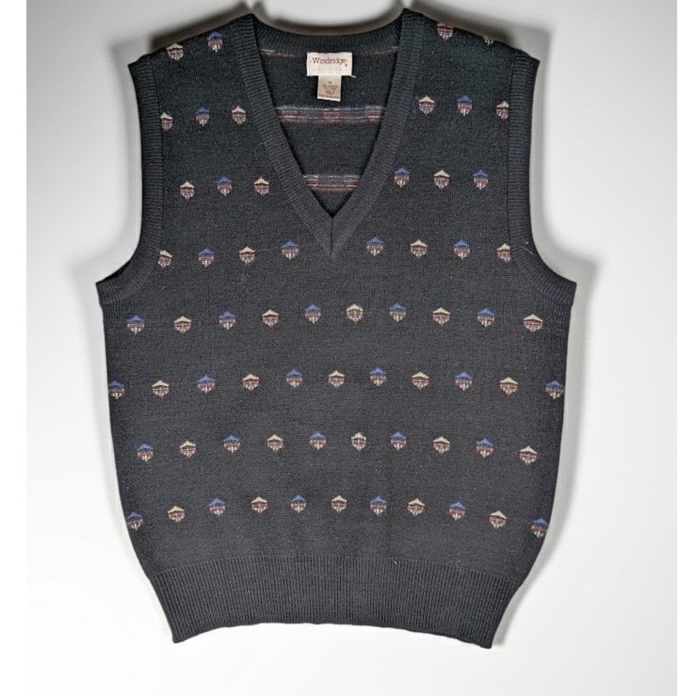 VTG Windridge Men's M Black V-Neck Geometric Knit Wool Blend Sweater Vest 90's